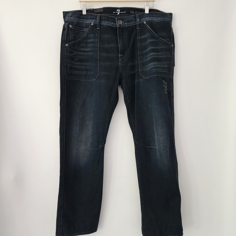 NEW 7 For All Mankind The Straight tapered black jeans light‎ distressing 40x30